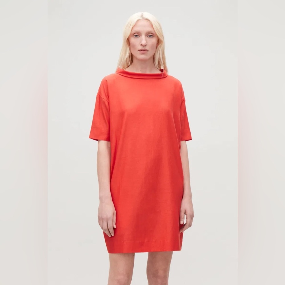 COS Sz 4 Red Cotton Blend Folder Collar Relaxed Dress